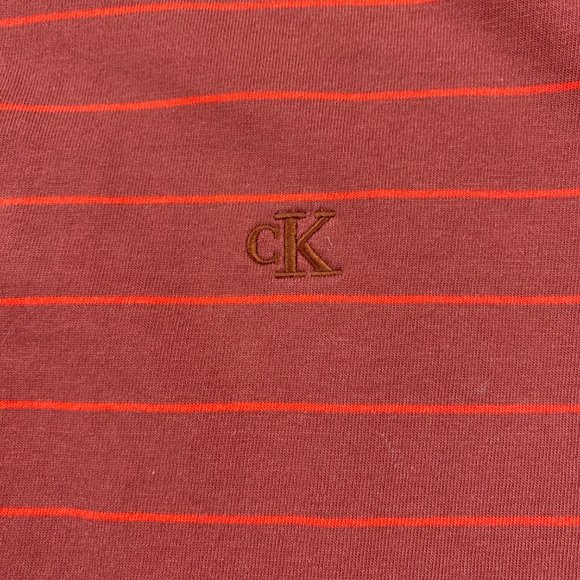 Calvin Klein Polo Shirt Men Large L Brown Orange Striped Casual Golf Embroidered - Picture 2 of 11